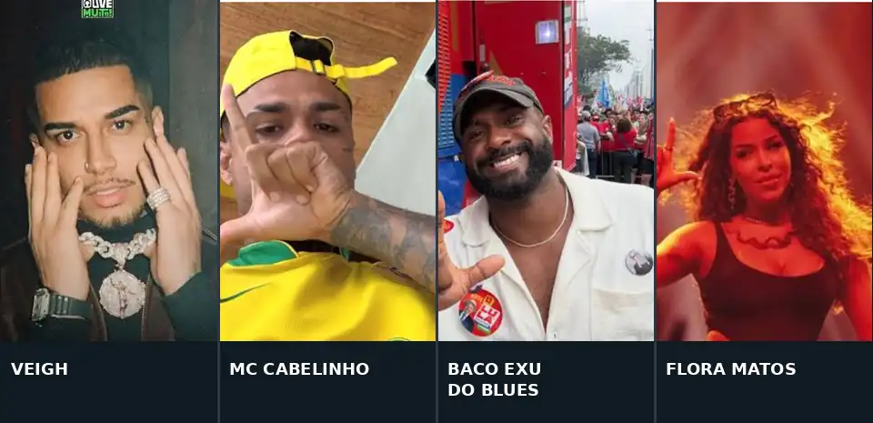 Montagem com fotografias de Veigh, MC Cabelinho, Baco Exu do Blues e Flora Matos